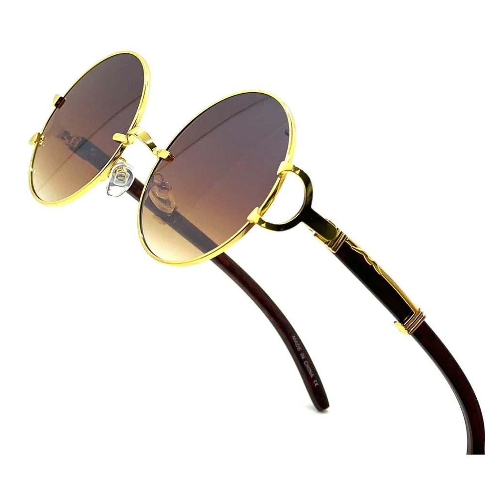 Round Sunglasses Gold Frame Brown Lens Wood Arms Men's Fashion Hip Hop Buffs New